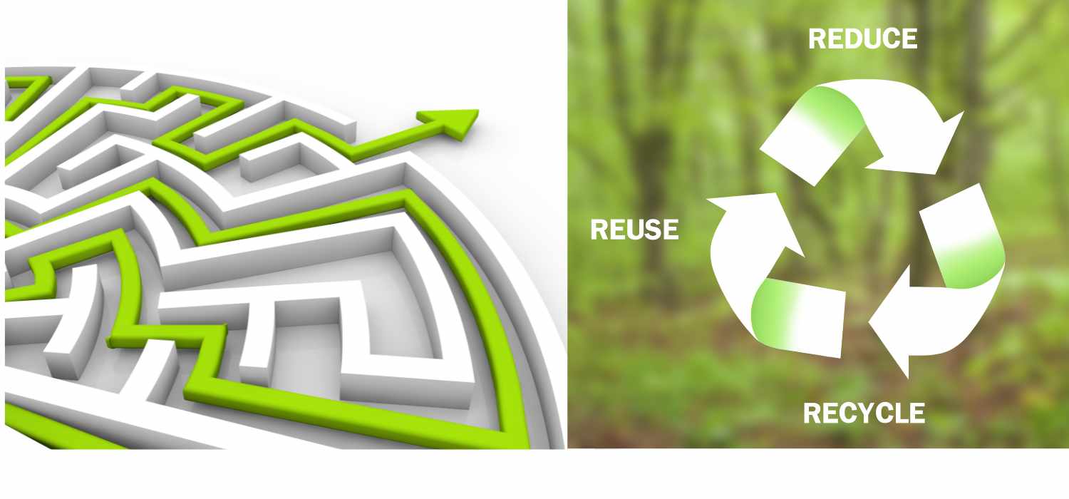 Challenge success concept: labyrinth solution / reduce, reuse, recycle, ecology