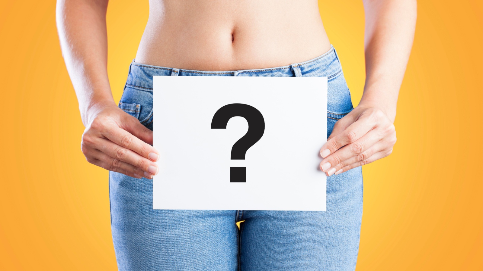 Young woman holding a paper with question mark on her waist