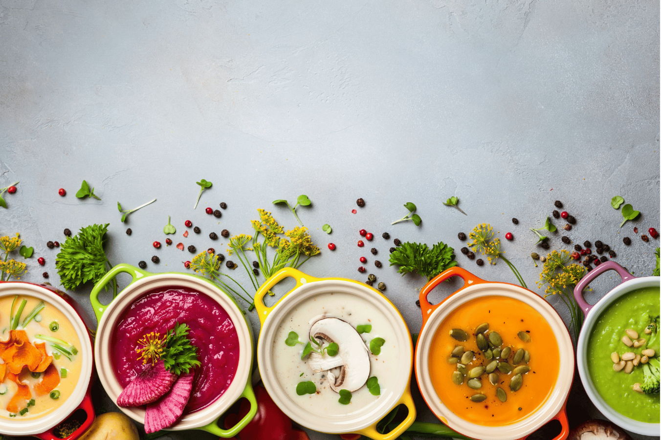 Colorful bowls of soup