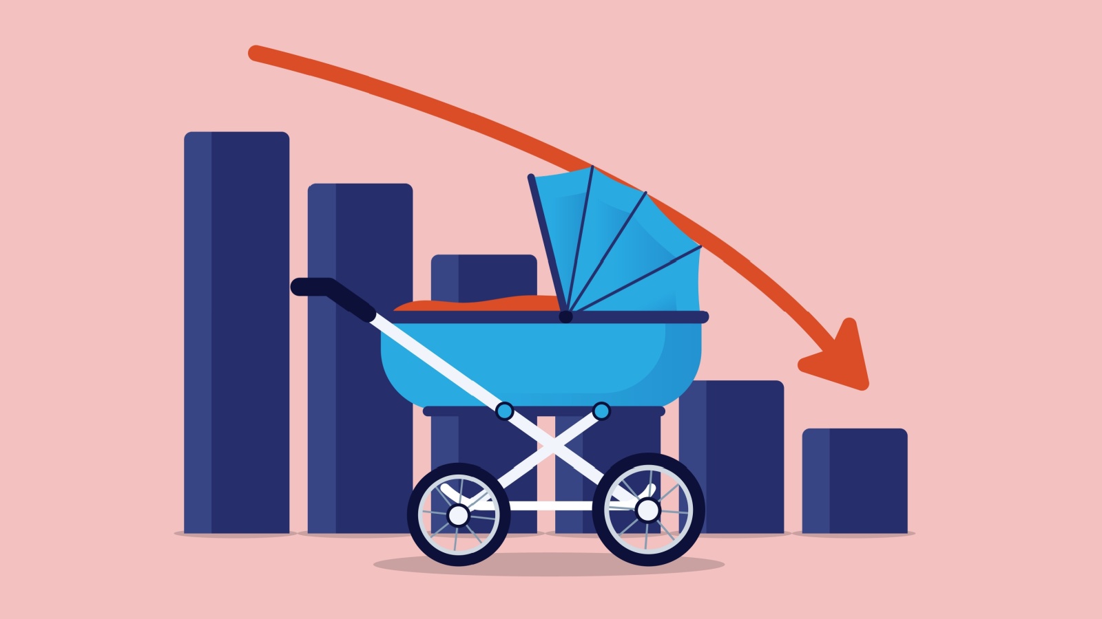 Fertility rate decline - Baby stroller in front of graph diagram with red arrow pointing down. Metaphor for low fertility rate problem. Flat design vector illustration.