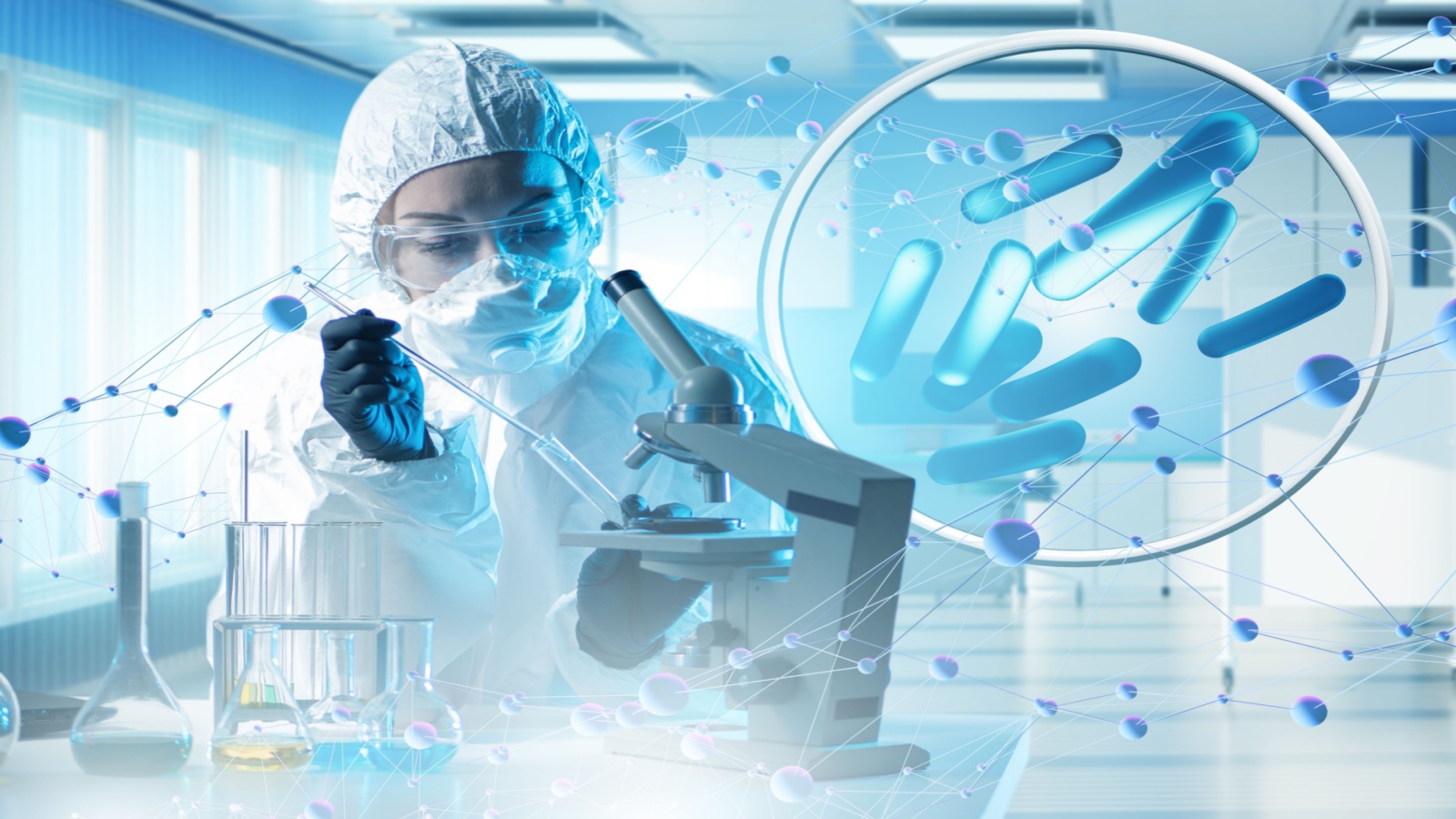 Concept - yoghurt with probiotic content. Microbiome on purple background. Bifidobacteria for immunity. Probiotics in human hand. White bylots with anaerobic bacteria