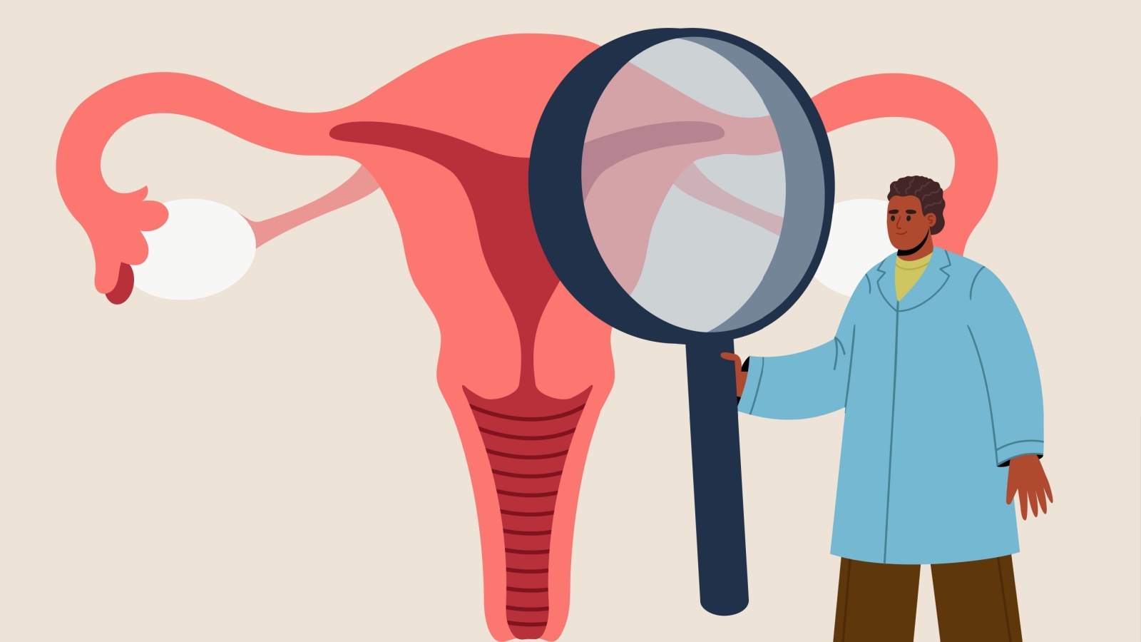 Vector illustration of a doctor using a large magnifying glass to examine an illustrated cervix for HPV