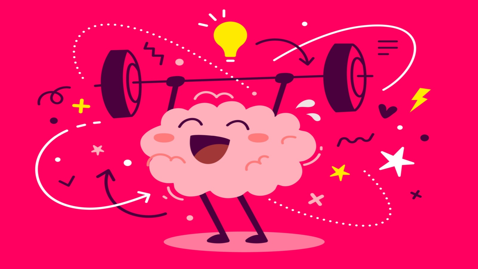 Pink illustration of an anthropomorphized brain happily lifting weights