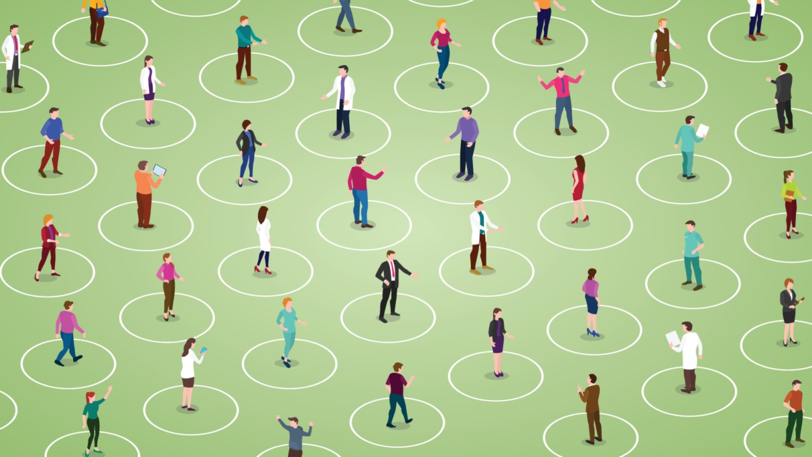 illustration of many people each standing in their own circle, not interacting with each other. Illustration of Social Isolation.