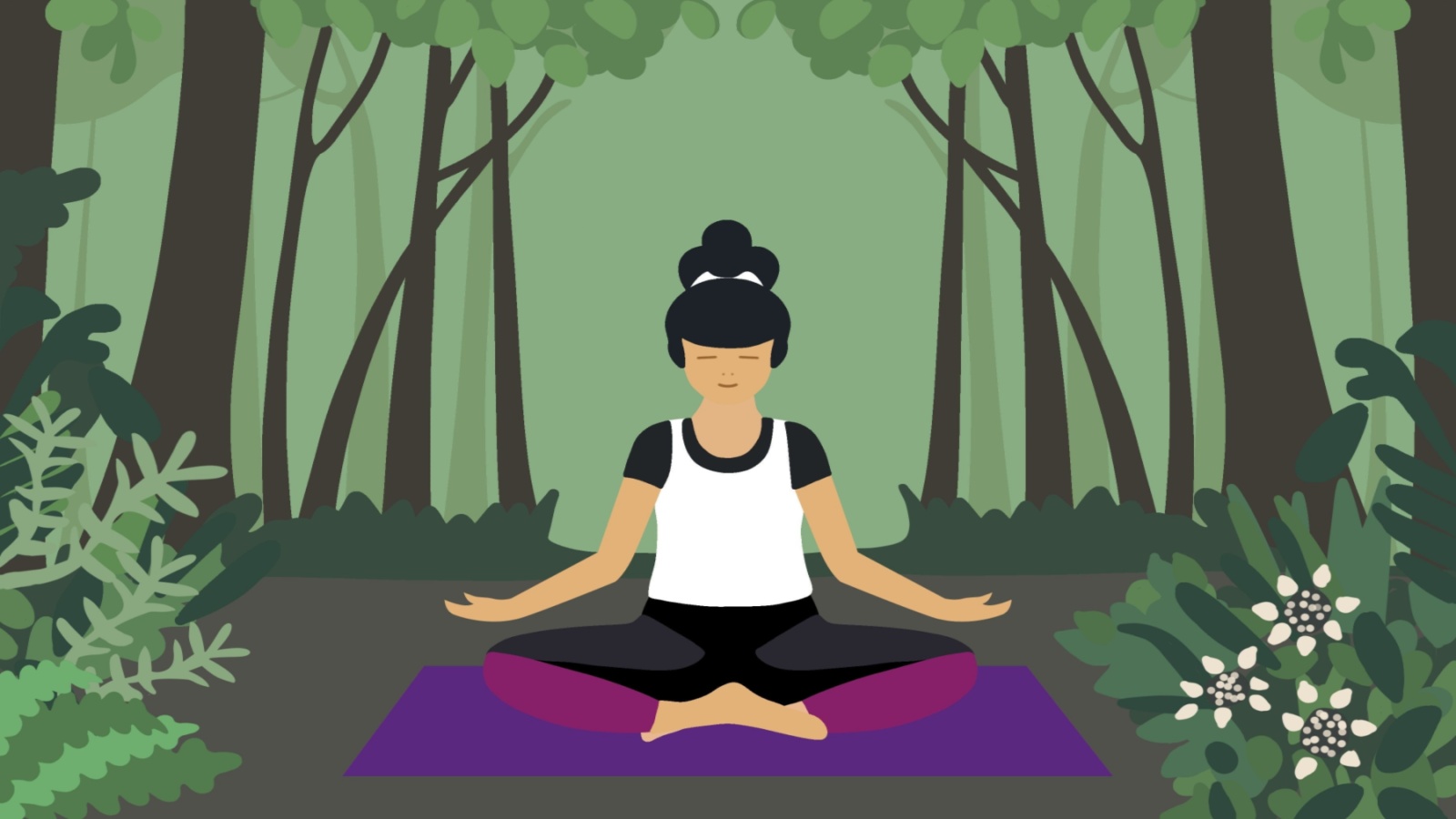 Experience forest with all senses during forest bathing Shinrin Yoku.Dark haired woman sits relaxed in the lotus position. She enjoys the atmosphere of the forest while doing yoga