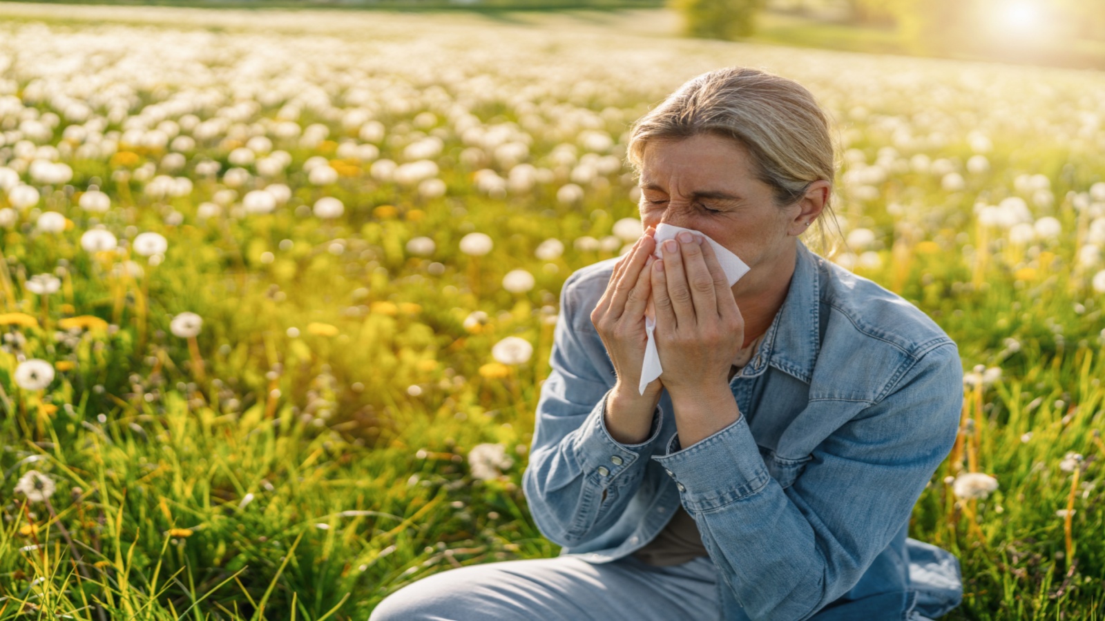 Woman blowing her nose while sitting in a grassy field