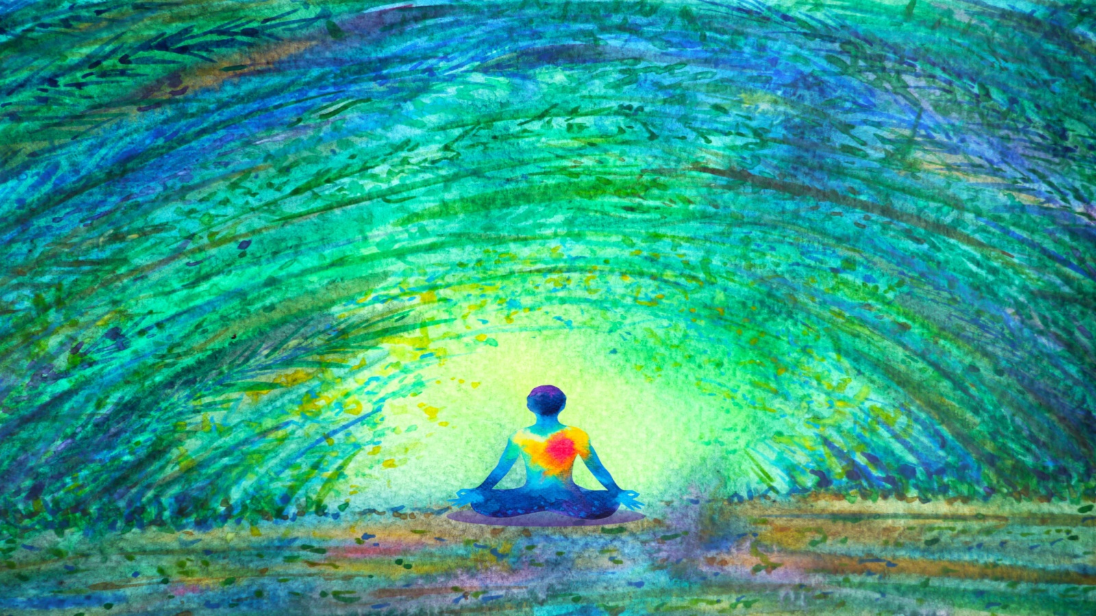 watercolor concept art of spirituality - a person sits with heart aglow, connected to greater consciousness of cosmos around them