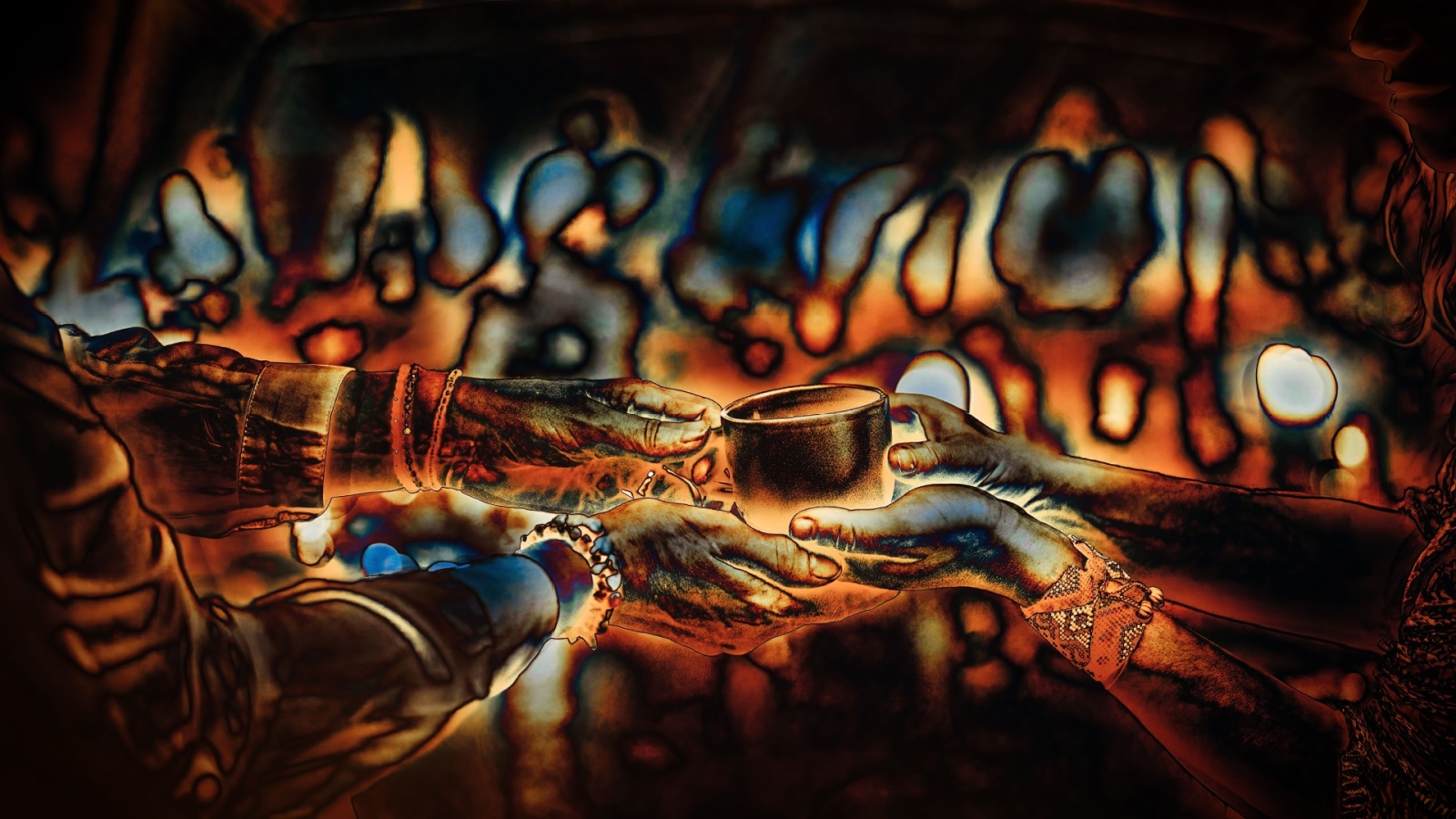 Abstract art of ceremonial cup being passed from practitioner to patient