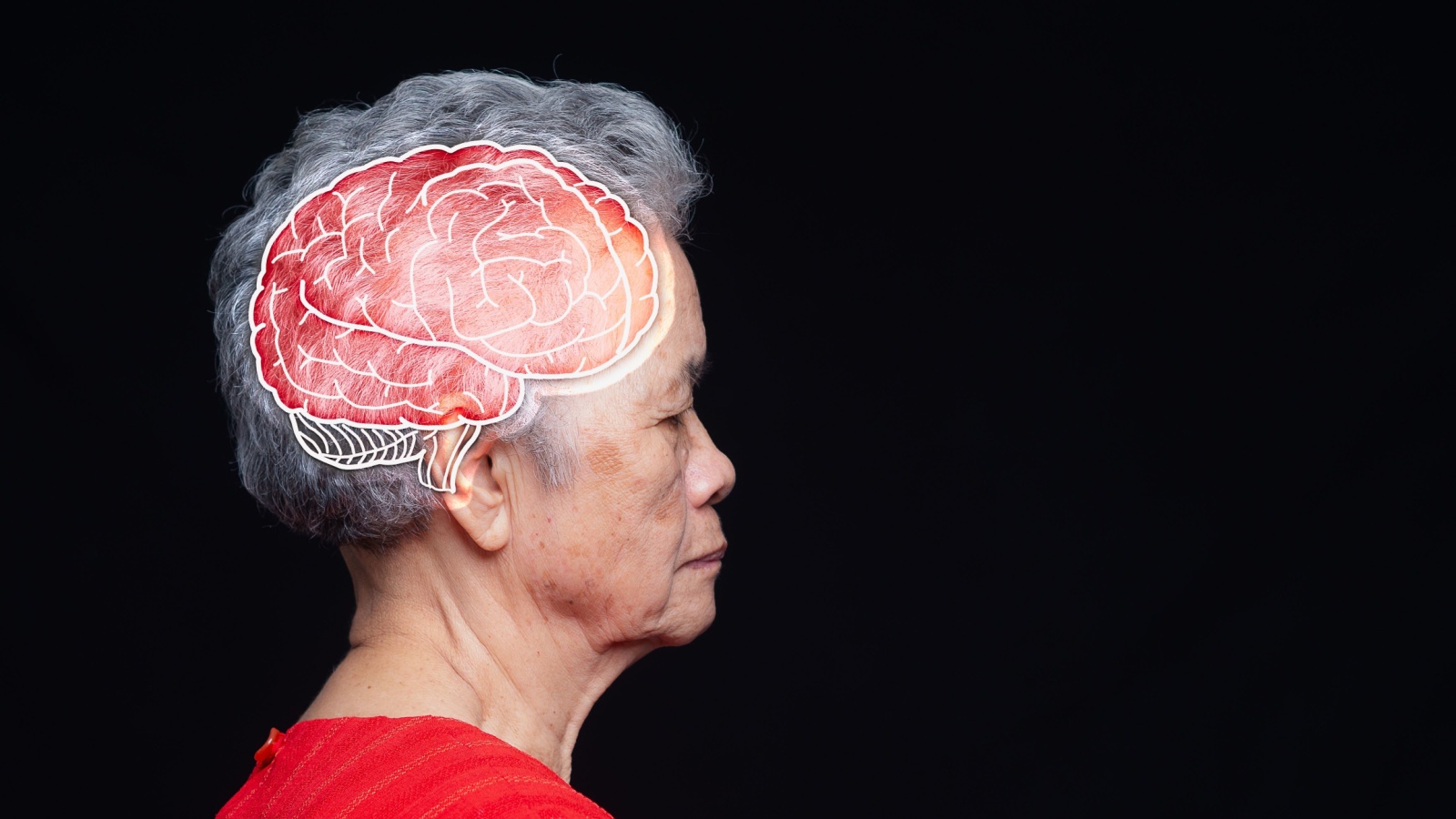 Senior woman in profile with a brain illustration