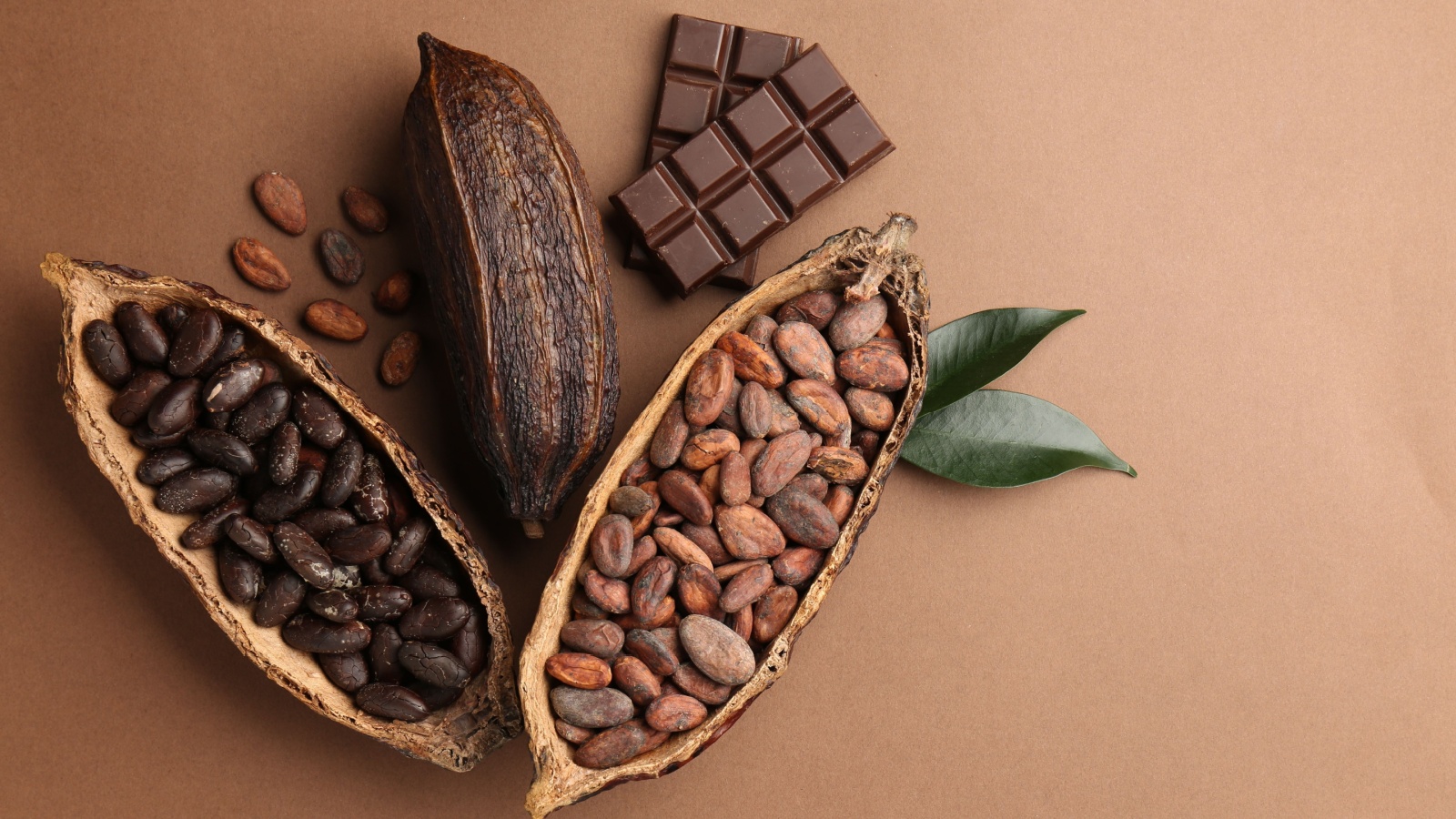 Cocoa pods with beans, chocolate and leaves on brown background, flat lay