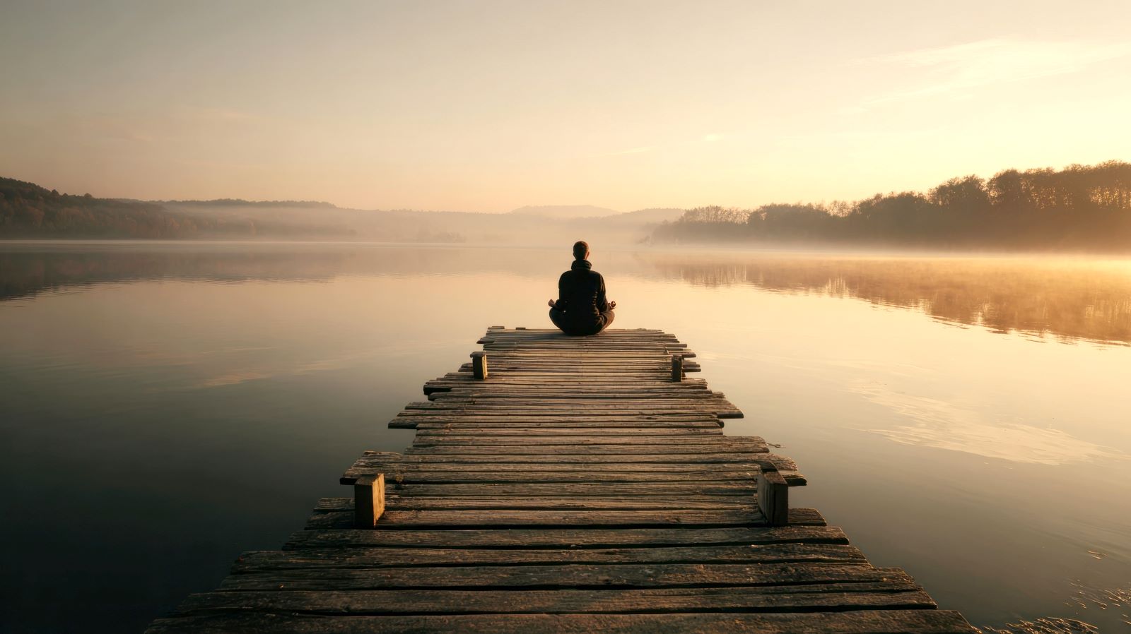 Person sitting at the end of a dock on a lake