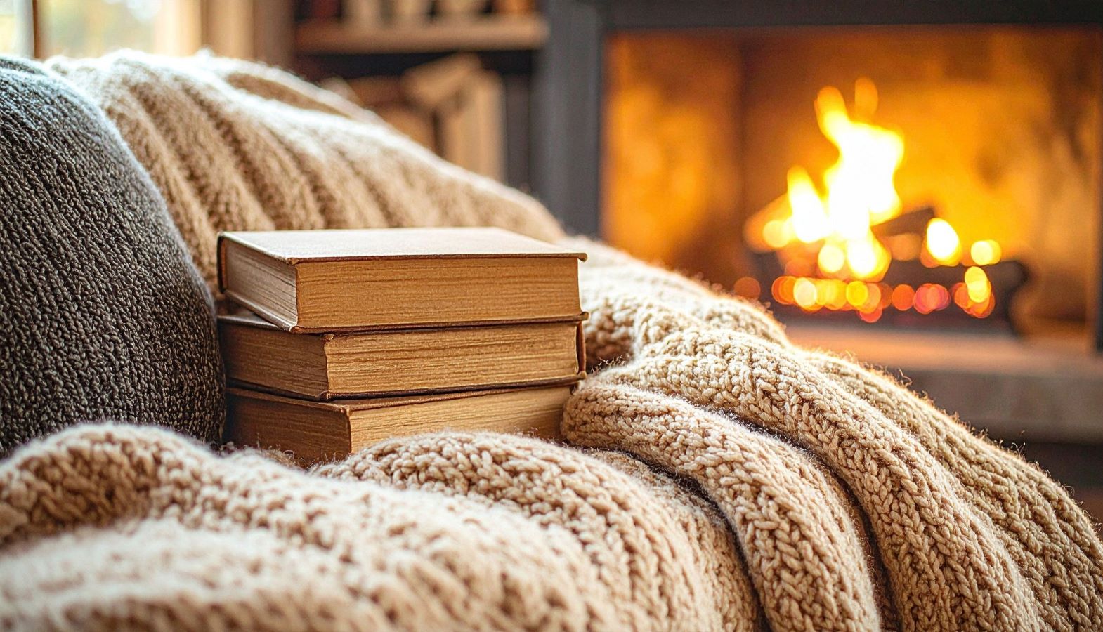 Books on a couch in front of a fire in the fireplace