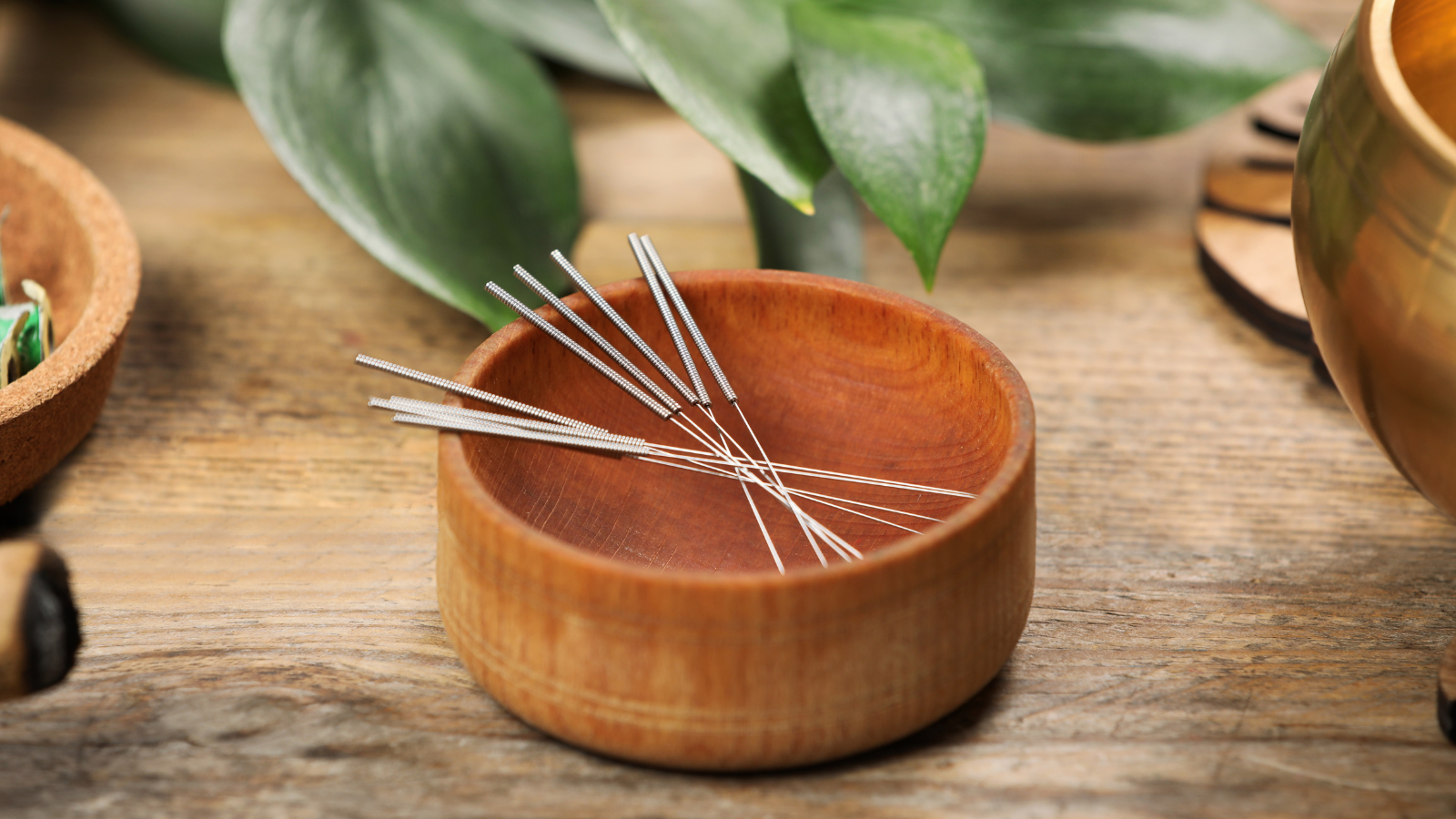 acupuncture needles resting in a wooden bowl