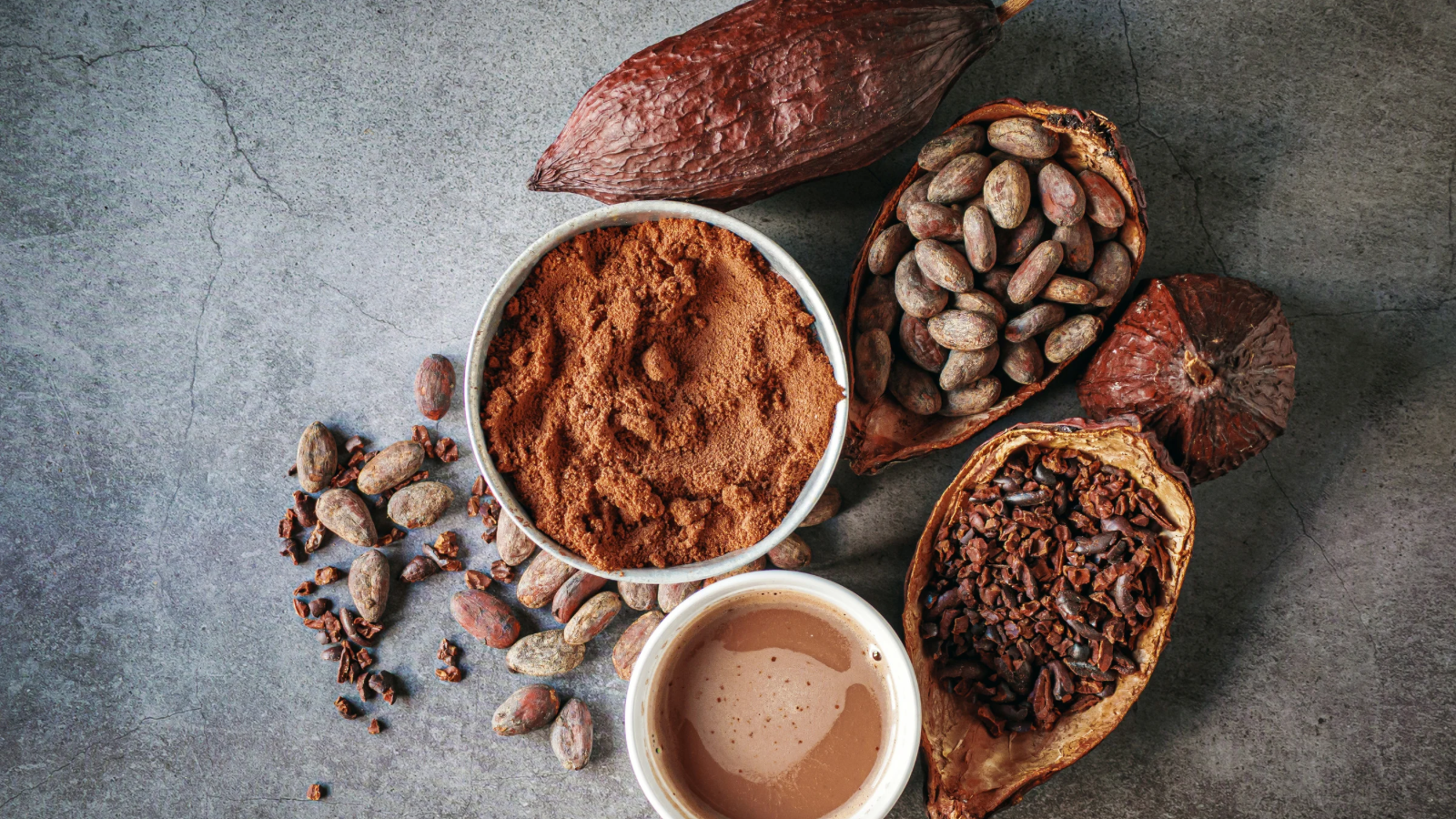 Chocolate, cocoa, and cacao assortment on table