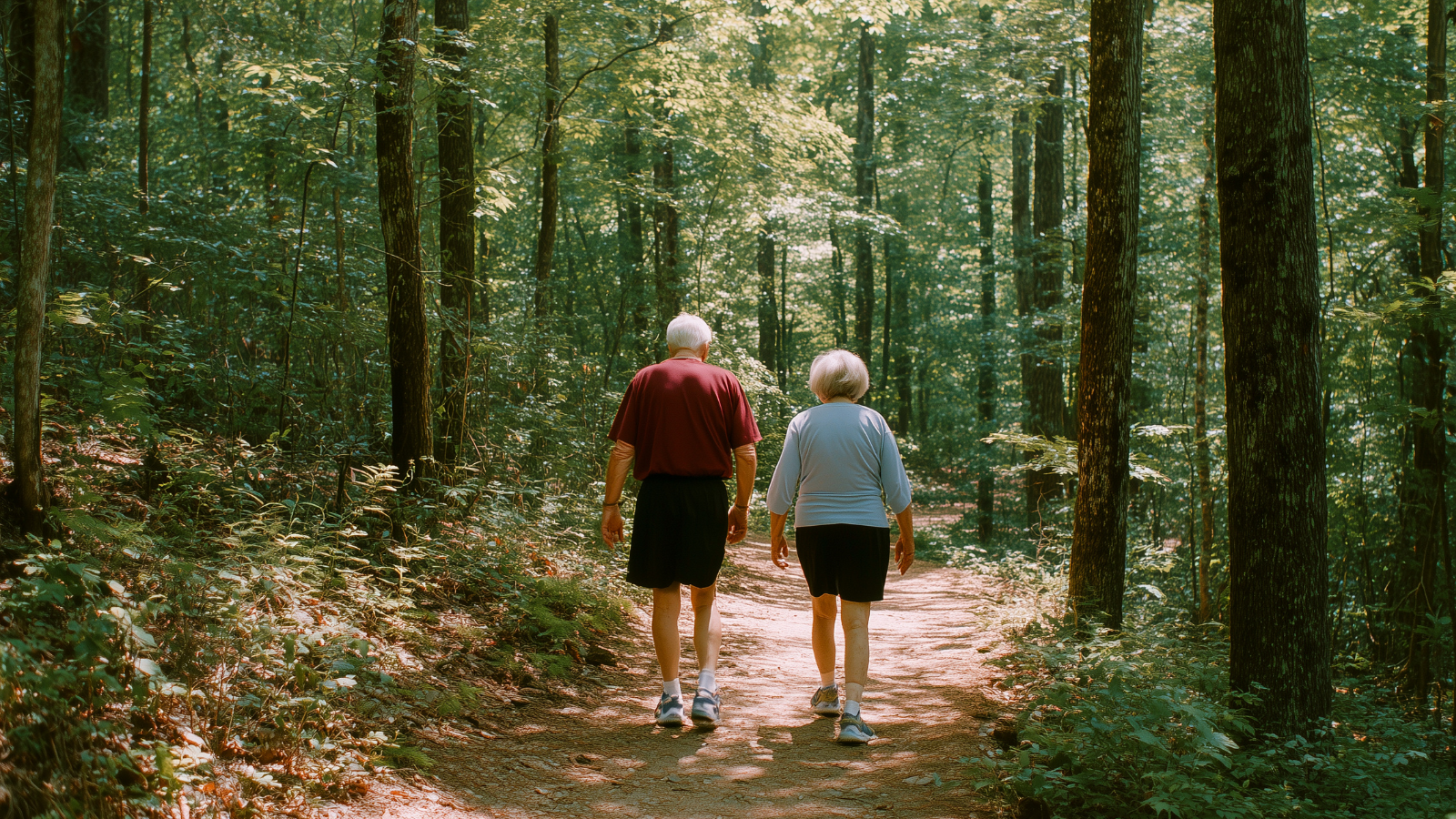 and elderly man and woman walk together on a forest path