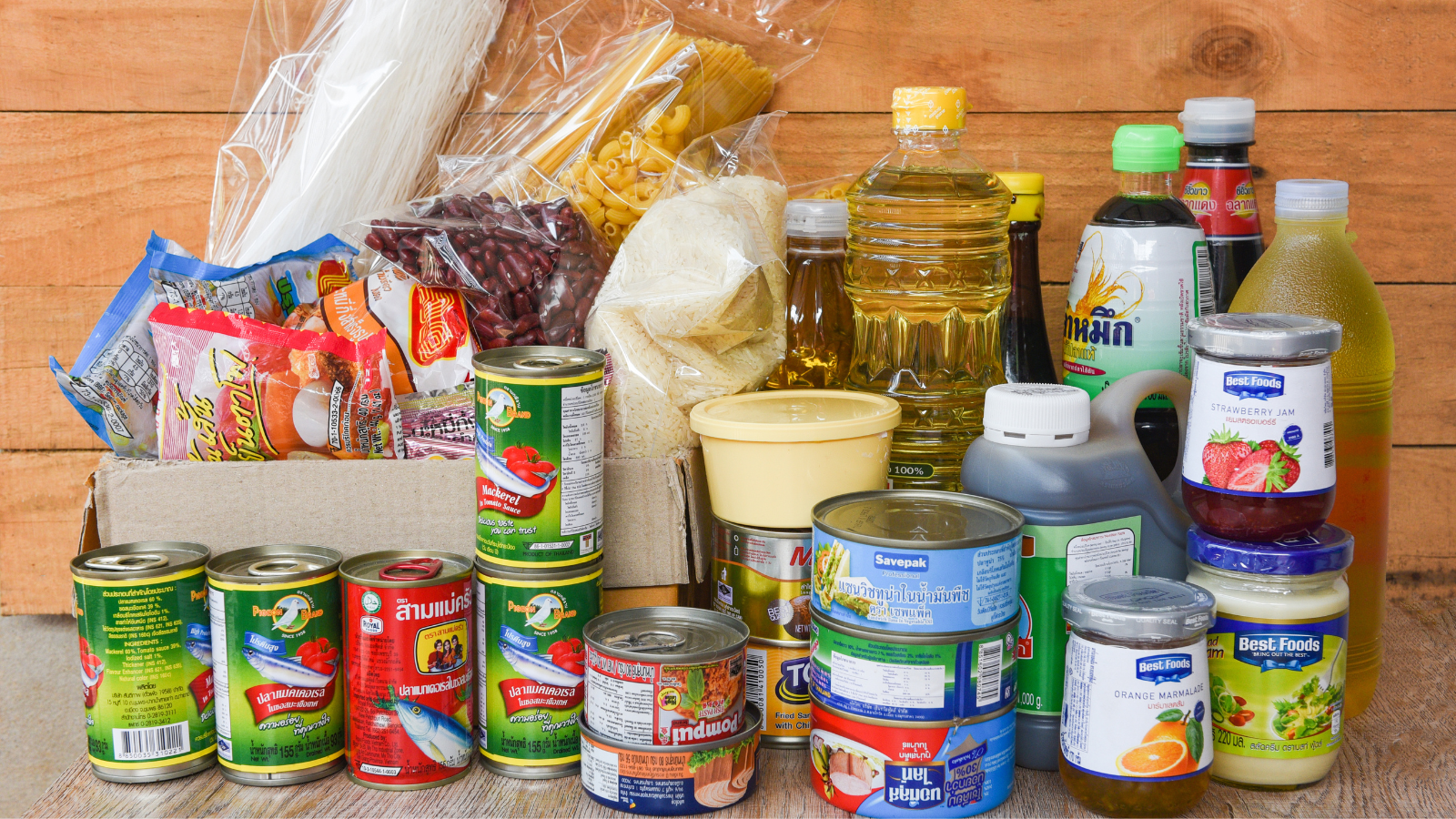 Collection of canned foods, which often contain preservatives to keep them shelf stable
