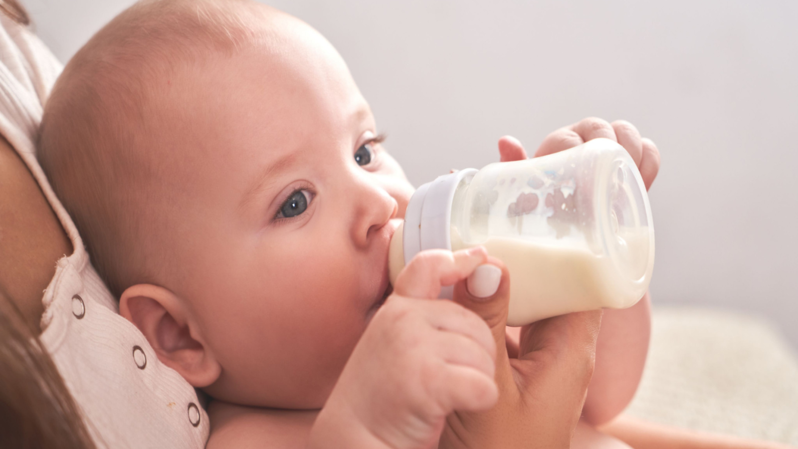 Baby drinking powdered formula from a bottle