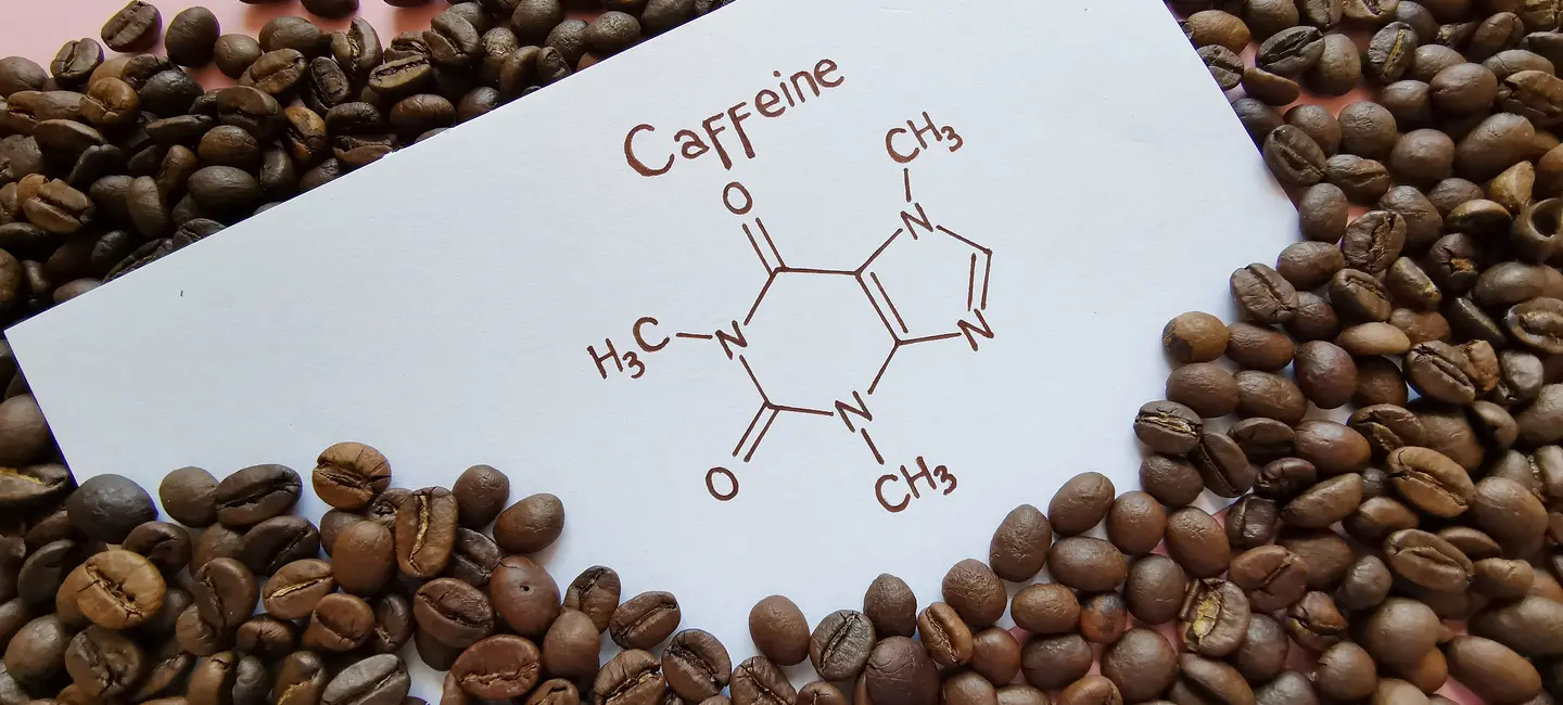 coffee beans and drawing of Caffeine molecule