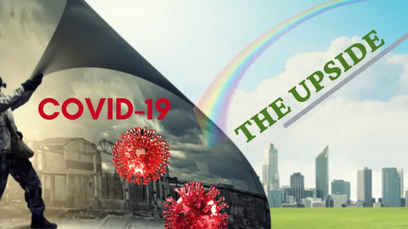 KnoWEwell, P.B.C. COVID-19 The Upside. Graphically adapted from Sergey Nivens / Shutterstock.com Masked person pulls back corner of polluted sky to reveal blue sky and city. COVID-19 Virus. Rainbow leading to future positive outcomes.
