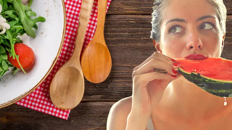 plate of healthy food and woman eating watermelon plate of healthy food and woman eating watermelon