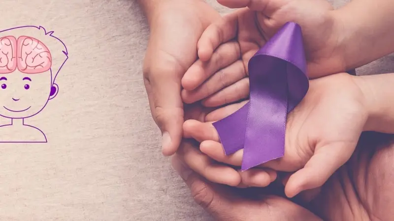 Brain sign in boy's head and Adult and child hands holding purple ribbon, Alzheimer's disease