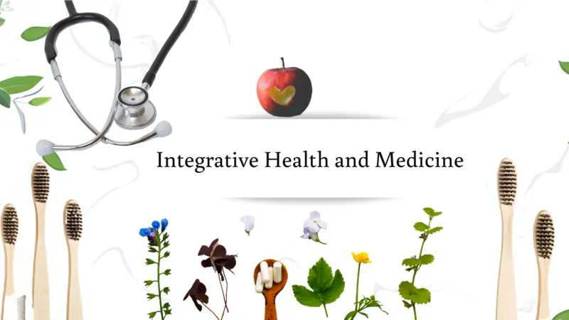 Integrative health, medicine and dentistry, tooth brushes, stethoscope, herbs and apple