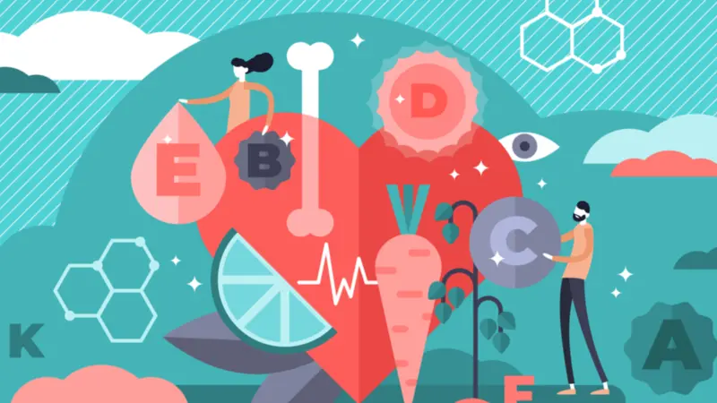 Vitamins vector illustration. Flat tiny healthy lifestyle persons concept. Fresh organic food as vegetarian nutrition set for whole essential chemical elements. Eat raw for heart and bones strength. Vitamins vector illustration. Flat tiny healthy lifestyle persons concept. Fresh organic food as vegetarian nutrition set for whole essential chemical elements. Eat raw for heart and bones strength.