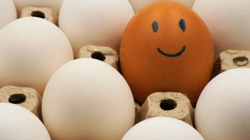 brown chicken egg with happy and smiley face among white eggs in egg carton