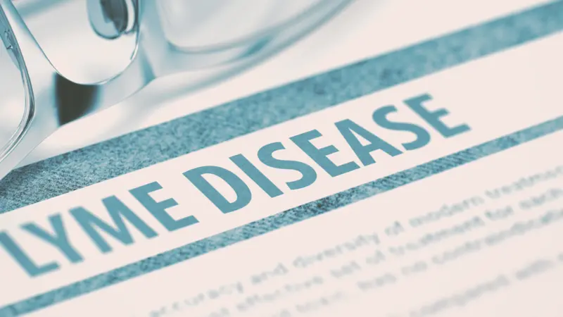 Lyme Disease - Printed Diagnosis with Blurred Text on Blue Background with Spectacles Lyme Disease - Printed Diagnosis with Blurred Text on Blue Background with Spectacles