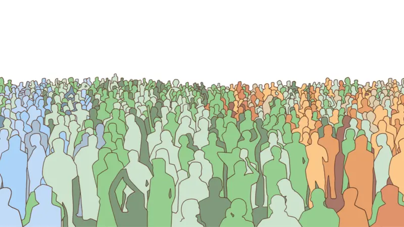 Illustration of large mass of people from wide angle in color