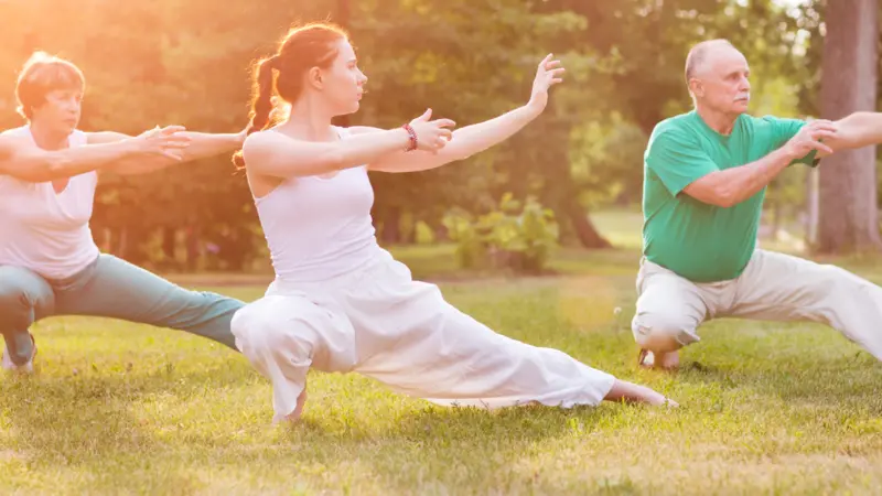 group of people practice Tai Chi Chuan in a park.