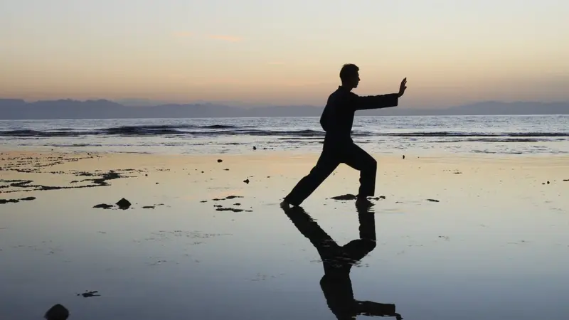 Silhouette of man practicing qigong exercises at sunset by the sea Silhouette of man practicing qigong exercises at sunset by the sea