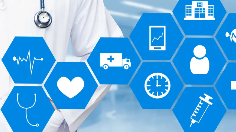 doctor with a stethoscope around his neck on the hospital blurred and health care and icon in hexagonal shaped pattern background doctor with a stethoscope around his neck on the hospital blurred and health care and icon in hexagonal shaped pattern background