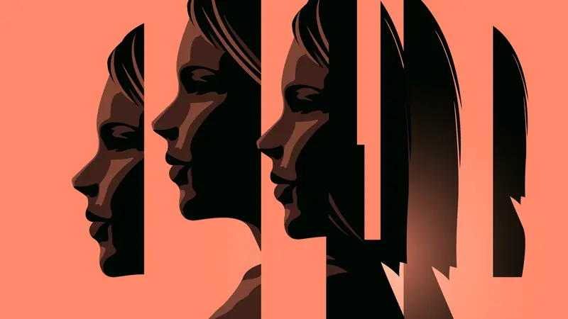 A women dealing with mental heath issues showing the different faces of dealing with personal issues. A women dealing with mental heath issues showing the different faces of dealing with personal issues.