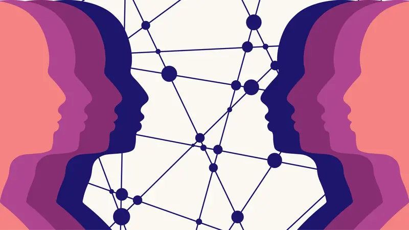 Silhouette of heads. Human communication. Connected lines with dots background.