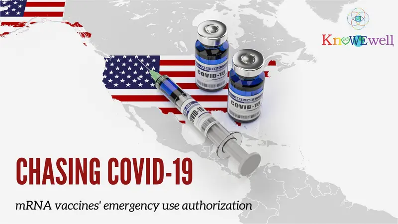 Chasing COVID-19 mRNA vaccines' emergency use authorization Chasing Covid-19 Americas and US Flag with Vaccine Bottles