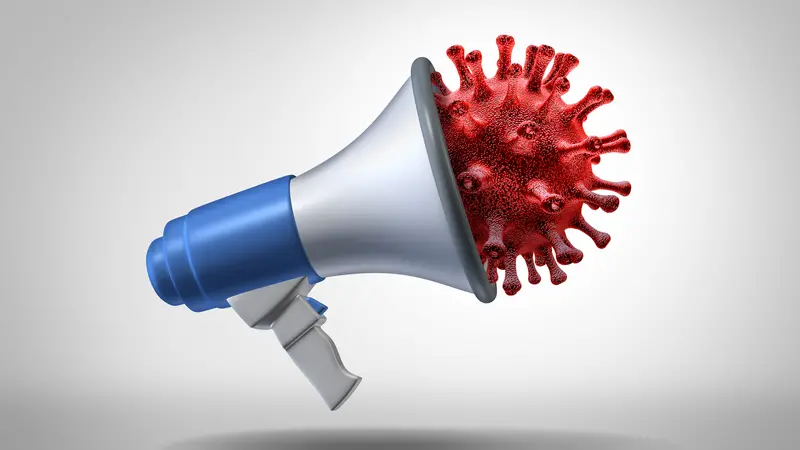 coronavirus pandemic information as a covid-19 blowhorn or megaphone as a 3D illustration.