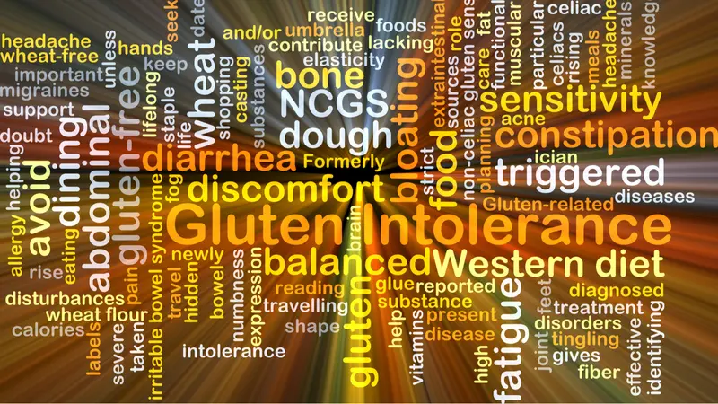Background concept wordcloud illustration of gluten intolerance glowing light