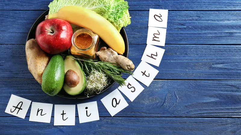 Text ANTI ASTHMA and set of healthy products on wooden background Text ANTI ASTHMA and set of healthy products on wooden background