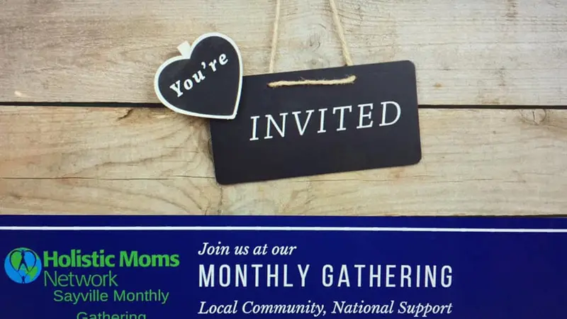 'you're invited' sign hanging on wood, logo, and 'join us at our monthly gathering