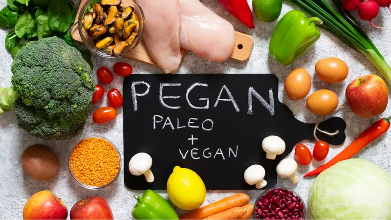 Pegan diet. Combination of vegan and paleo diets.