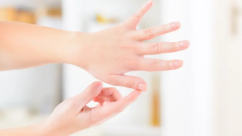 Woman doing EFT on the finger point. Woman doing EFT on the finger point.