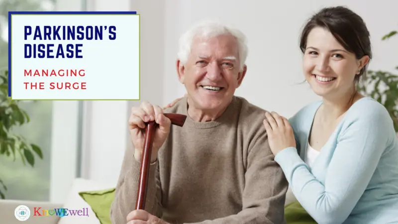 Smiling old man holding a cane and smiling young woman