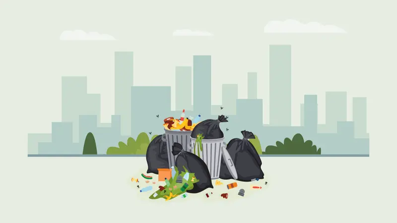 garbage cans overflowing with city food waste, plastic bottles and cans and other rubbish, flat vector illustration