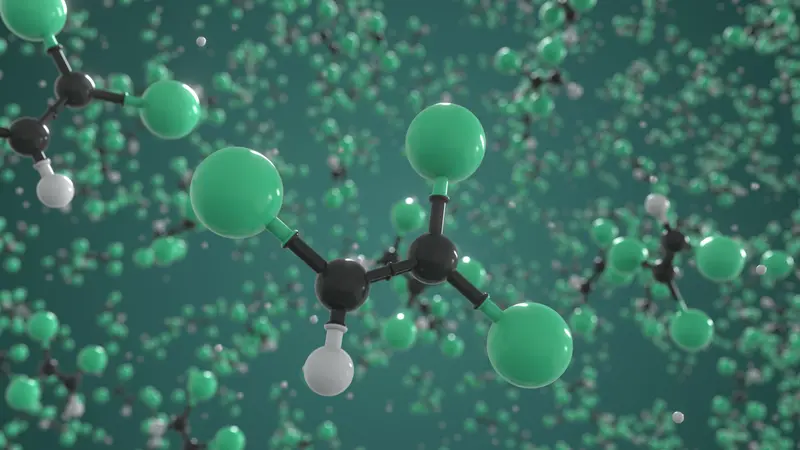 Molecule of trichloroethylene, ball-and-stick molecular model. Scientific 3d rendering