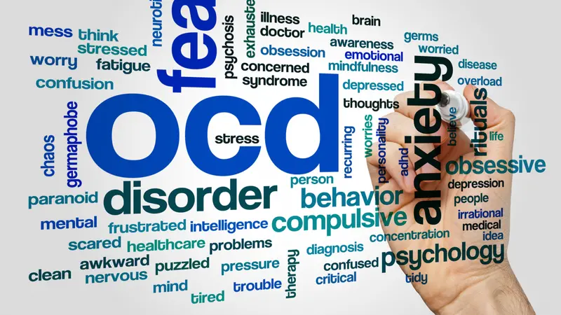 OCD word cloud on grey background OCD word cloud on grey background