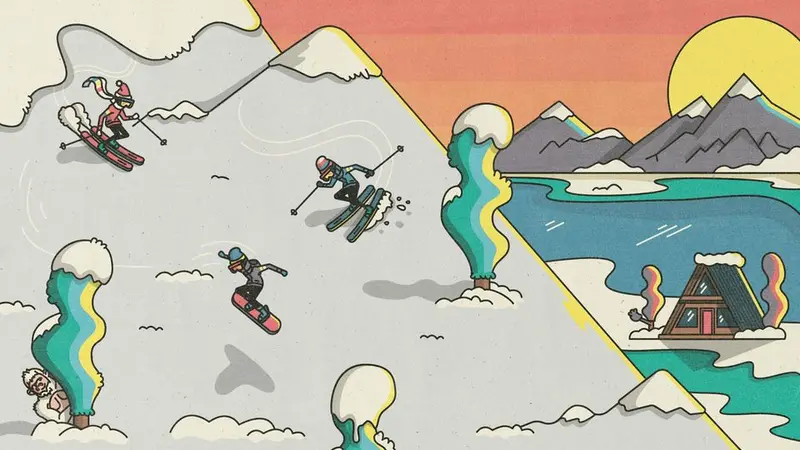 cartoon of skiers next to the ocean at sunset, trees covered with snow