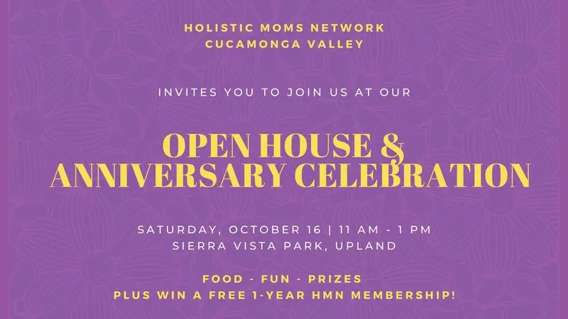 Open House -Holistic Moms Network Cucamonga Valley, CA Chapter - purple background with even information