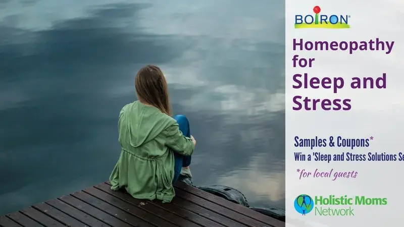 Woman sitting on dock looking out at lake, Homeopathy for Sleep and Stress, Boiron and HMN logo