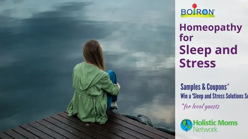 Homeopathy for Sleep & Stress with gifts from Boiron Woman sitting on dock looking out at lake, Homeopathy for Sleep and Stress, Boiron and HMN logo